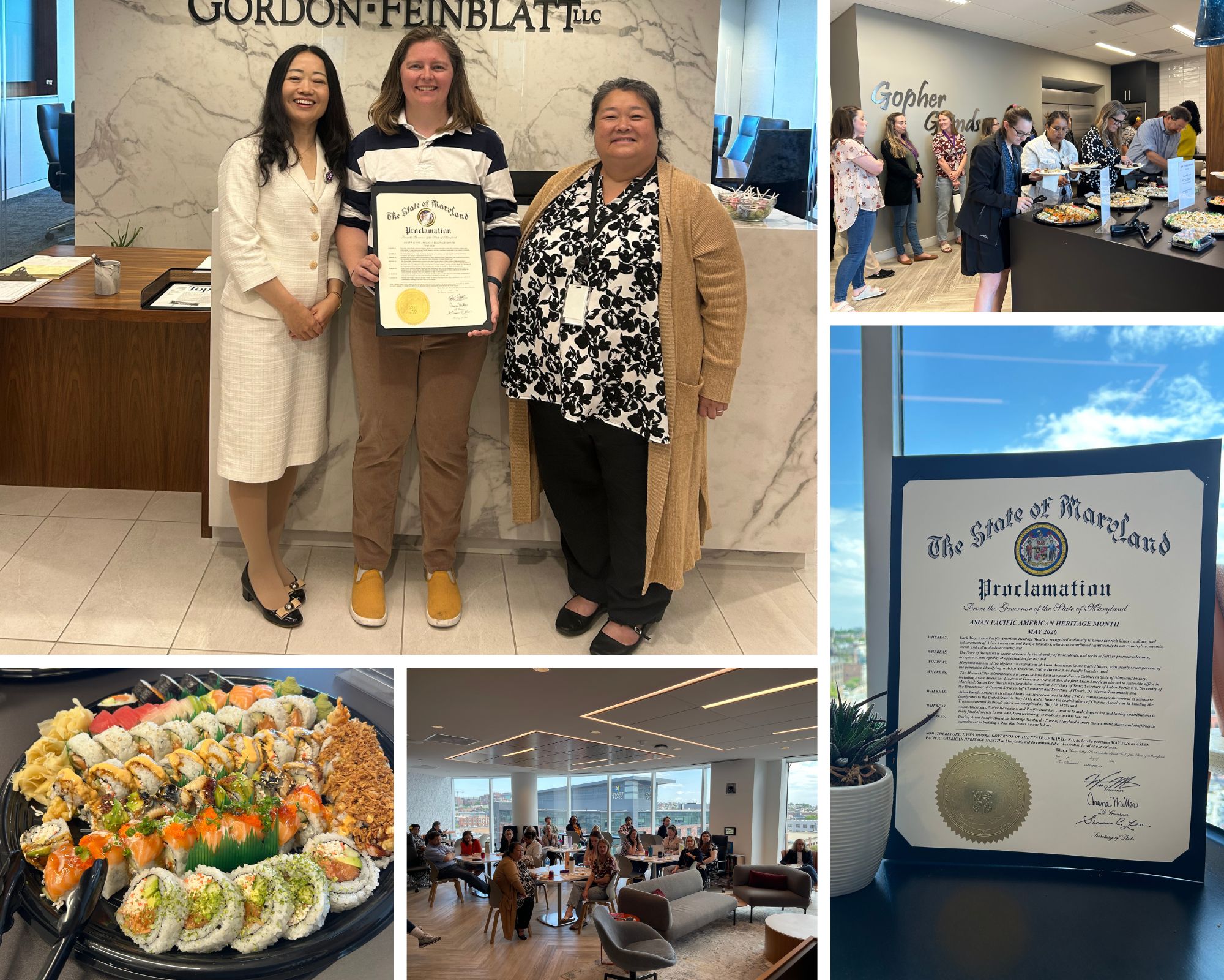 Photo collage of wo attorneys and guest speaker Dr. Yu holding a certificate, people waiting in line at sushi buffet, tray of sushi, certificate issued by Dr. Yu and attendees listening to speaker