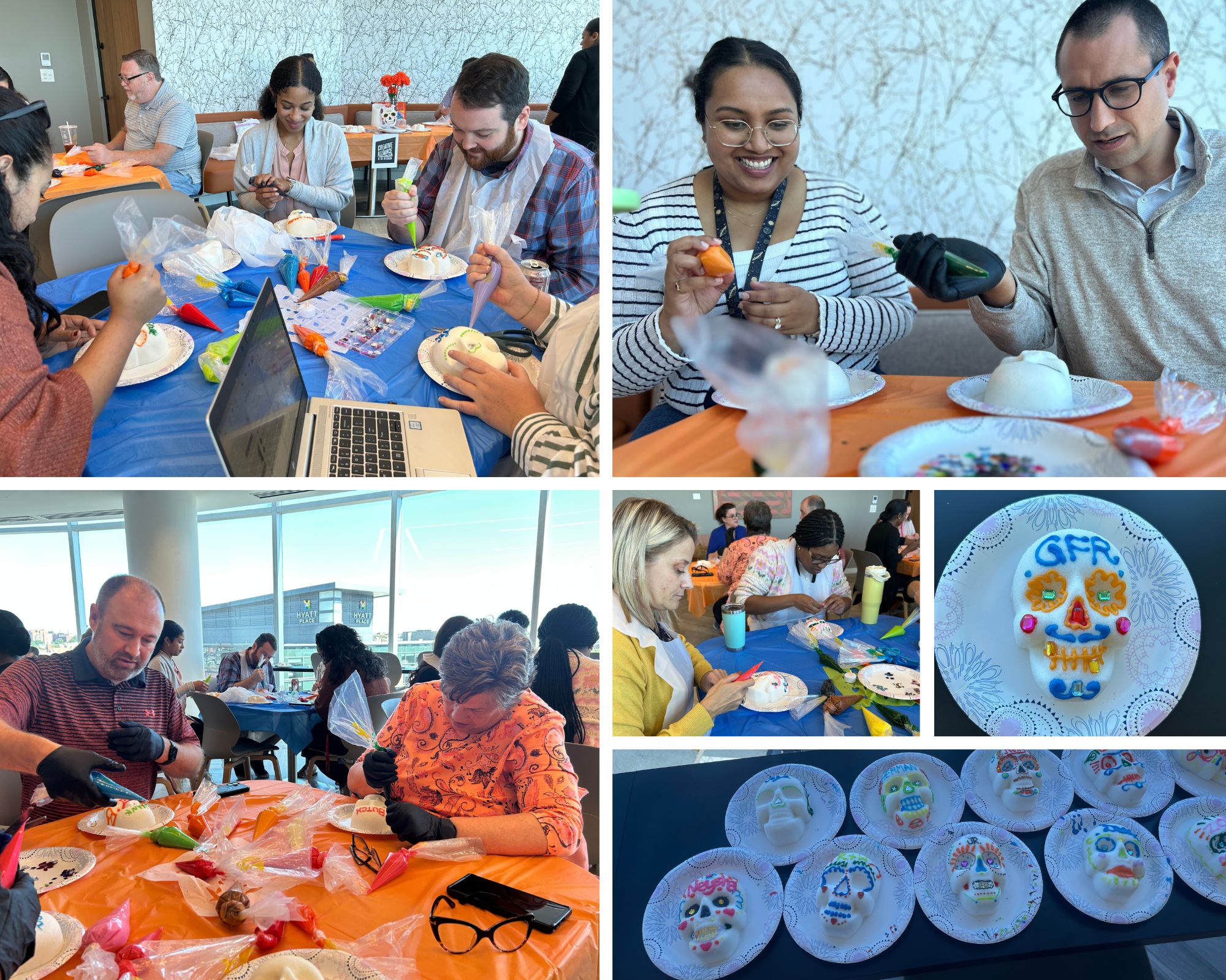 Photo collage of sugar skulls colleagues decorating sugar skulls for Hispanic Heritage Month