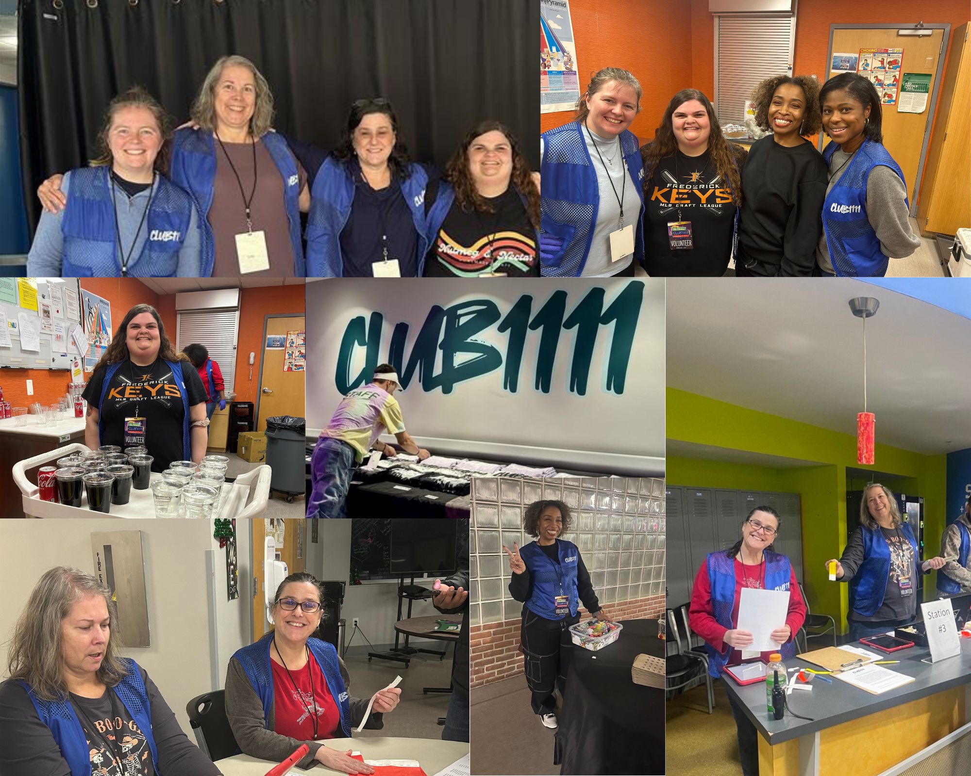 Photos of volunteers at The League's Club 1111 in June and December